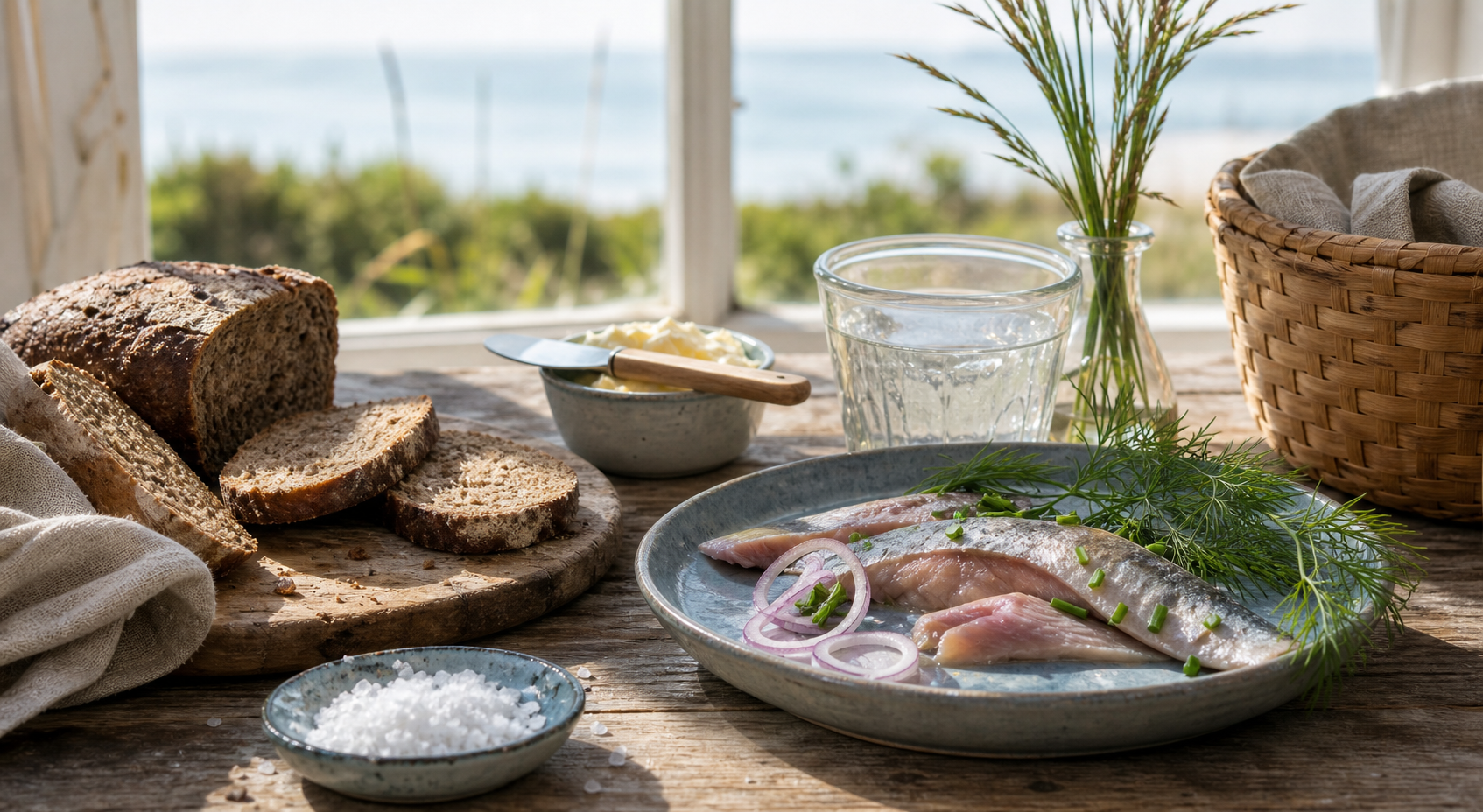 Table locale avec pain, poisson et produits simples de Föhr
