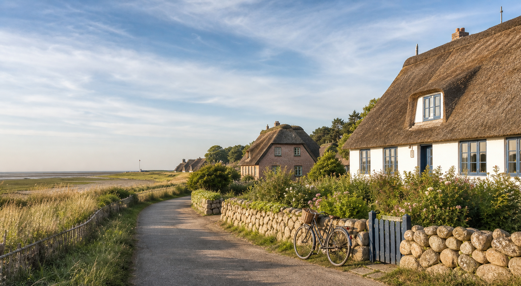 Village de Föhr avec maisons à toit de chaume près de la mer du Nord