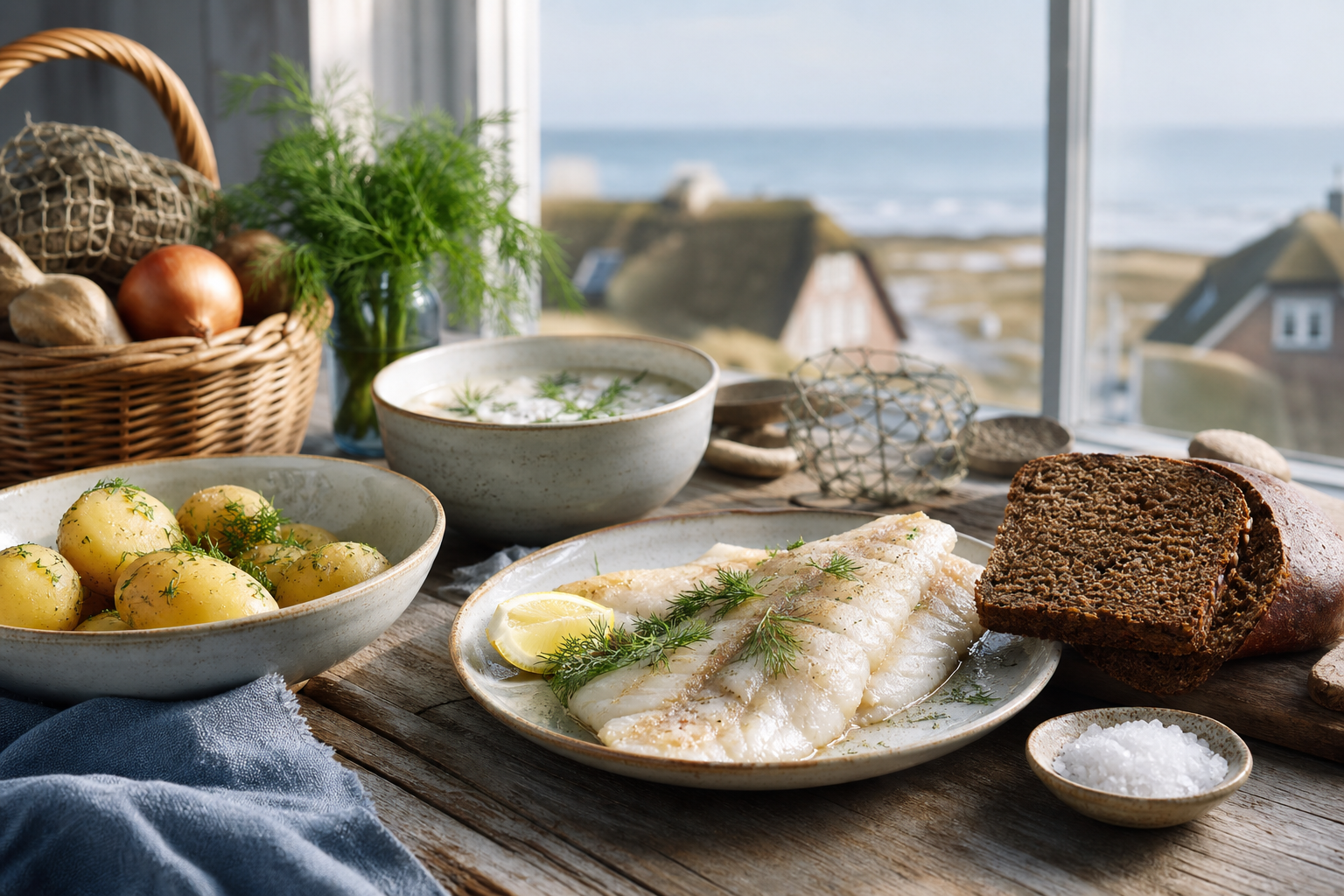 Cuisine de Föhr avec poisson, pommes de terre, pain noir, soupe et vue côtière